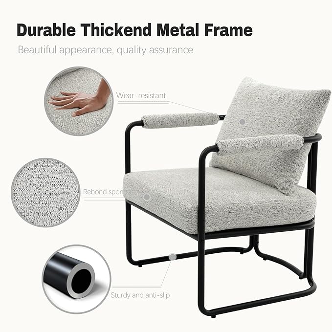 Mid-Century Modern Accent Chairs Set of 2, Comfy Upholstered Lounge Arm Chairs with Chenille Fabric for Living Room, Bedroom, Apartment, Reading Corner, Office, Light Grey