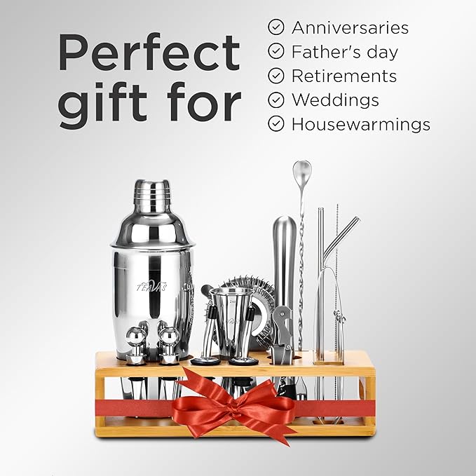 Mixology Bartender Kit with Japanese Jigger & Bamboo Stand - 25 Piece Stainless Steel Cocktail Making Set, Shaker, Strainer, Mixer, Spoon, Muddler, Barware Tools - Birthday Gifts & Anniversary