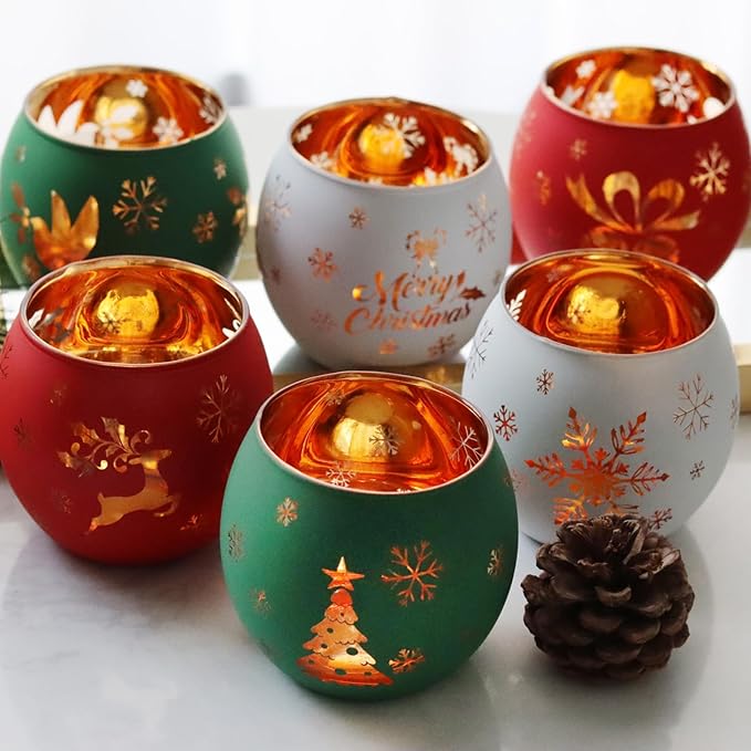 Christmas Votive Candle Holder Set of 6, Red Green White Glass Tealight Holder with 6 Laser Engraving Patterns for Winter Xmas Table Centerpiece Decor