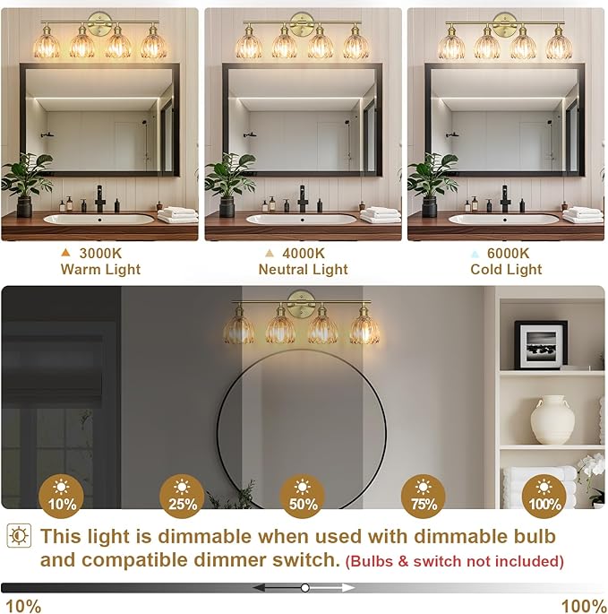 Vintage Bathroom Light Fixtures,4-Light Hardwired Vanity Lights Over Mirror,Gold Wall Sconces with Amber Tulip Glass Shade for Bathroom Living Room,E26 Socket(Bulbs Not Included)