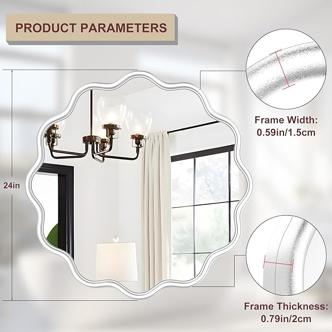 PROHOMEWARE White Round Mirror 24 Inch Wavy Bathroom Vanity Mirror White Frame Modern Wall Mirror Decorative Wall-Mounte Anti-Rust, Tempered Glass