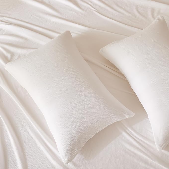 Twin Sheets Set 100% Cotton Bed Sheets 3 Pcs Linen Like White Fall Sheet 16" Deep Pocket Sheet & Pillowcase Sets Boho Muslin Soft Twin All Season Bedding Sets Easy Care