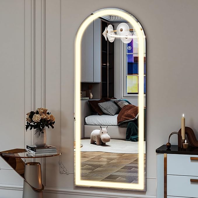 26x65 inch Full Length Mirror with Lights, LED Lighted Floor Standing, Hanging Full Length with Stand, Full Body Dressing Mirror with Dimmable 3 Color LED