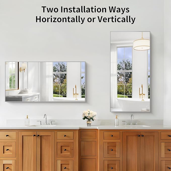 KOCUUY 24x48 Inch Large Silver Wall Mounted Mirror,Brushed Nickel Framed Rectangular Mirror for Wall Over Sink,Modern Design for Bedroom Living Room Bathroom,Functional Oversized Mirror
