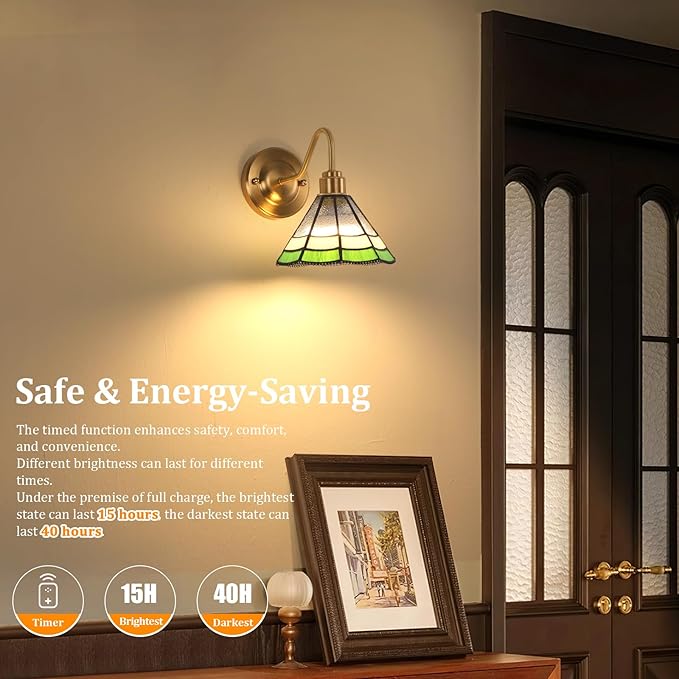 Vintage Battery Operated Wall Sconce with Remote, RGB LED Wall Lamp 12 Colors Dimmable, Brass Wall Lights Fixture for Bedroom Bathroom Living Room Hallway Green Multilayer Petal