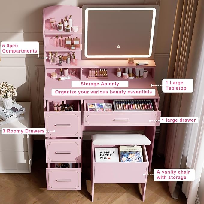 Vanity Table with LED Mirror & Power Outlet - 5 Open Shelves, 4 Drawers - Includes Padded Stool - Ideal Bedroom Makeup Dressing Table (Pink)