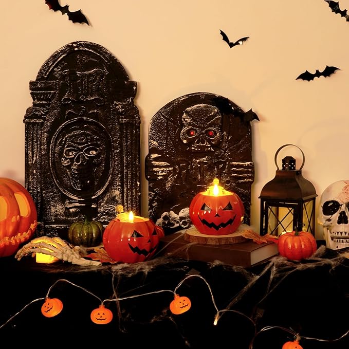 Homemory Halloween Flameless Pumpkin Candles, 2Pcs LED Real Wax Pumpkin Lamp with Skeleton, Flickering Battery Operated Candles with Remote for Halloween Decor, Theme Party, Holiday Gift, Orange