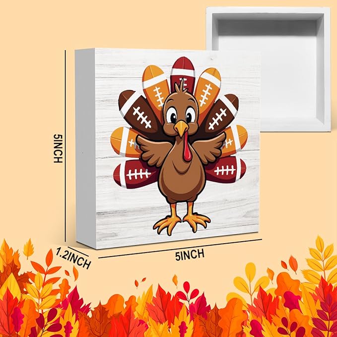 Fall Thanksgiving Football Turkey Sign Autumn Office Bedroom Dining Room Decor Wooden Box Block Plaque Wood Products Sign for Desk Table Tabletop Decor 5 x 5 inches Tub1604