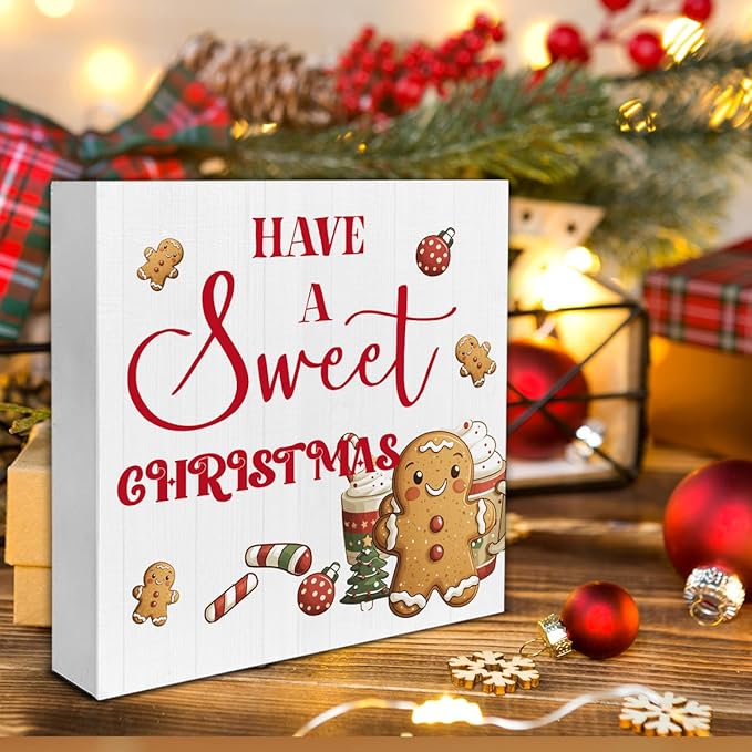 Christmas Kitchen Decorations, Hot Cocoa Wooden Sign Gingerbread Decor, Farmhouse Christmas Wooden Block Sign, Christmas Home Decor for Table Shelf 5 x 5 Inch