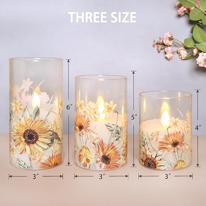 Sunflower Glass Flameless Candles with Remote Battery Operated Flickering LED Pillar Candle Summer Fall Autumn Christmas Decorations Gifts for Women Mom Mothers Day Birthday, Set of 3