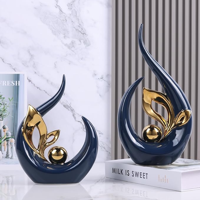 13" H Blue Gold Abstract Sculptures Home Decor, Ceramic Art Statue Cool Stuff to Put on Shelves&tv Stand Decor, Gold Accent Entertainment Center, for Fireplace Coffee Table Dining Table Decorate