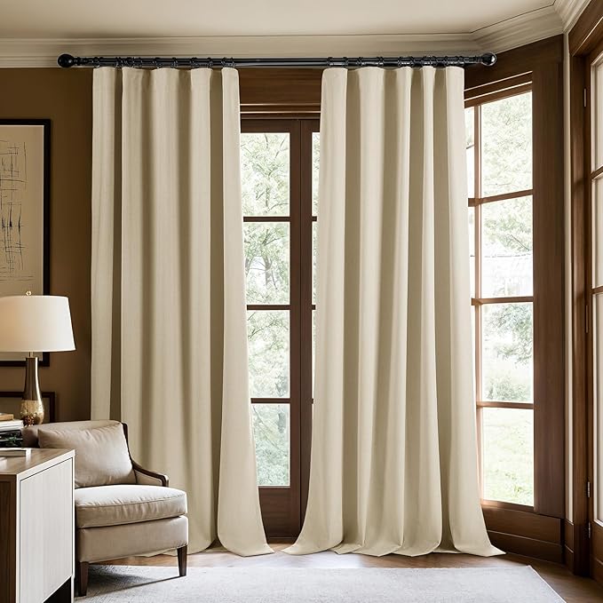 100% Blackout Curtains 96 inches Length Linen Blend Bedroom Curtains, Rod Pocket Back Tab Black Out Window Curtain Set Living Room Curtains, Full Blackout Curtains 2 Panels Drape, Beige