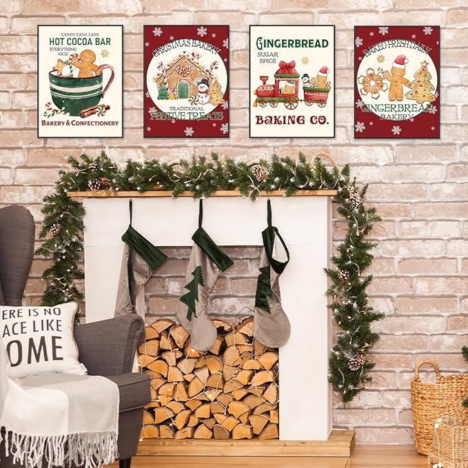 ETVISO Christmas Decor, Gingerbread Christmas Wall Art Prints Set of 4, Winter Holiday Baking Lover Gifts Home Decor, Xmas Bakery Hot Cocoa Porch Wall Decor, 12x16 (Unframed)