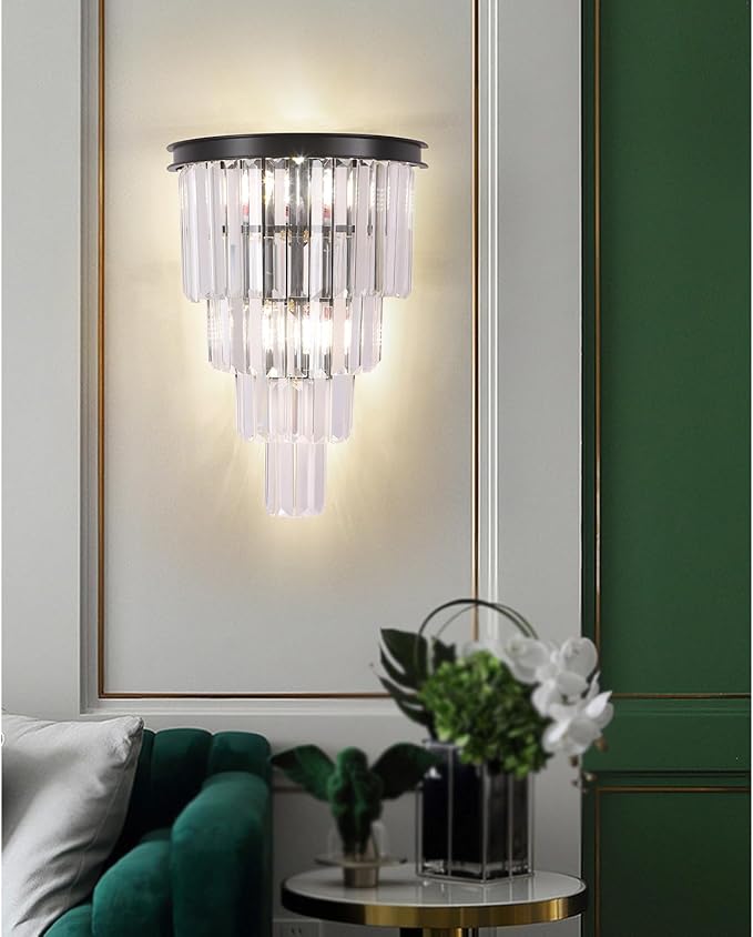 Black Crystal Wall Sconce, Modern 4-Tiers K9 Clear Crystal Wall Light Bedside Wall Mount Lamp for Living Room Bedroom Mirror Dining Room Hallway Foyer Lighting Fixture