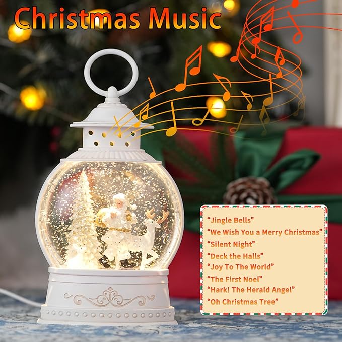 Christmas Snow Globes with Music, Santa Deer Lighted Christmas Lantern with 6h Timer, USB or Battery Operated Festival Decoration Gifts