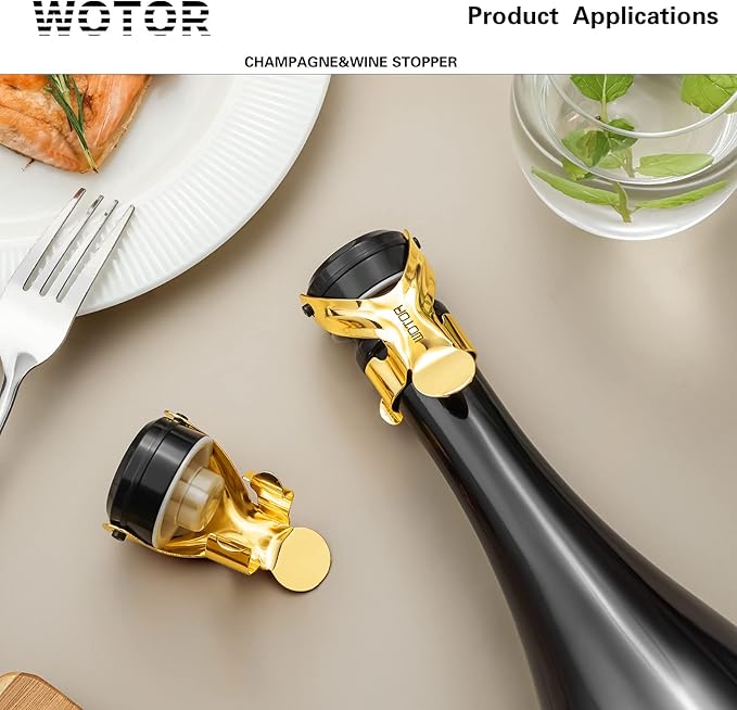 WOTOR Champagne&Wine Bottle Stoppers Stainless Steel with Food Grade Silicone, Leak Proof Keep Fresh Reusable Saver, Cork Suitable for Wine, Champagne, Cava, Prosecco and Sparkling (12 Pack Gold)