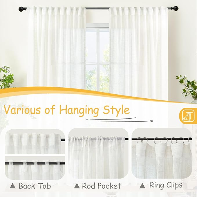 YoungsTex Linen Semi Sheer Curtains 84 Inch Length 2 Panels for Living Room, Ivory White Window Treatments Netural Texutred Light Filtering Drapes with Rod Pocket Back Tab for Bedroom, 52 X 84 Inch