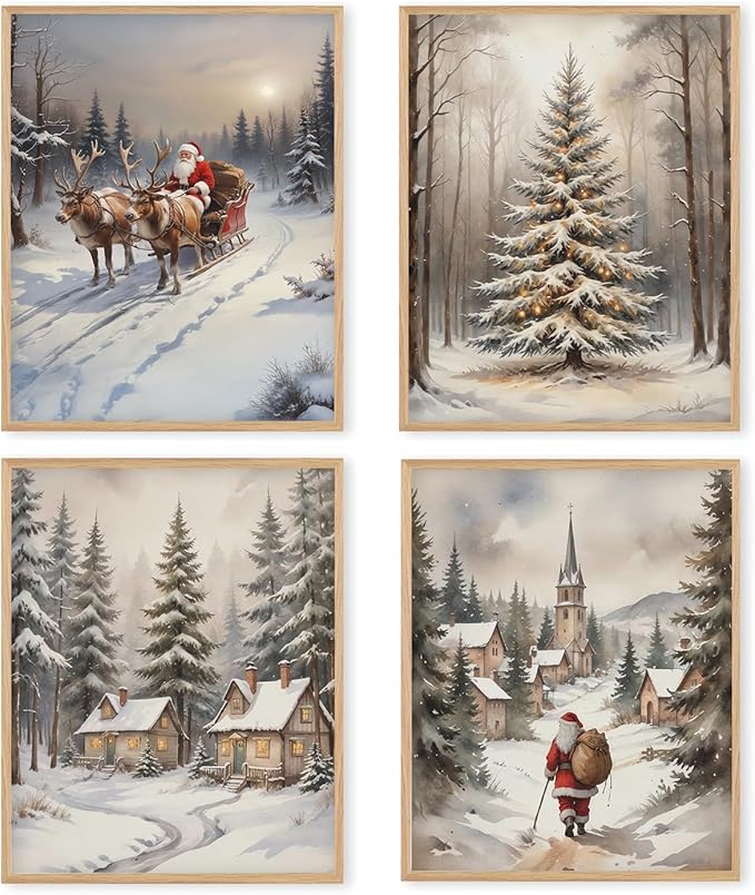 Boat Wades Farmhouse Winter Christmas Wall Art Prints Set of 4, Retro Xmas Santa Sleigh Snowy Forest Posters Pictures Wall Decor for Bedroom Living Room Office, Christmas Home Decor, 8x10 Unframed