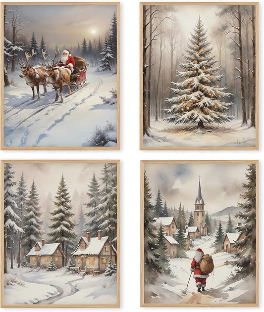 Boat Wades Farmhouse Winter Christmas Wall Art Prints Set of 4, Retro Xmas Santa Sleigh Snowy Forest Posters Pictures Wall Decor for Bedroom Living Room Office, Christmas Home Decor, 8x10 Unframed