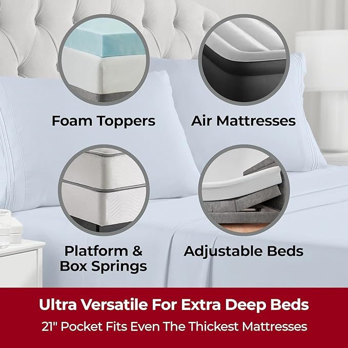 Mellanni Extra Deep Split King Sheets - 5 PC Iconic Collection Bedding - Luxury, Ultra Soft, Cooling Bed Sheets - Wrinkle, Fade, Stain Resistant (Split King, Blue Hydrangea)