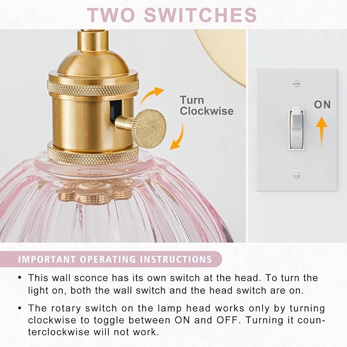 Hardwired Wall Sconce Light, Vintage Wall Sconce with Switch, Gold Wall Light Fixture with Tulip Pink Glass Lampshade, Indoor Wall Light for Bedroom Bathroom, Bedside Wall Lamp