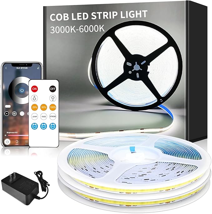 100ft COB LED Strip Lights DC 24V Dimmable 6000K White Flexible LED Tape Light for Bedroom, with Remote and app Control LED Tape Lights,for DIY Home Decoration