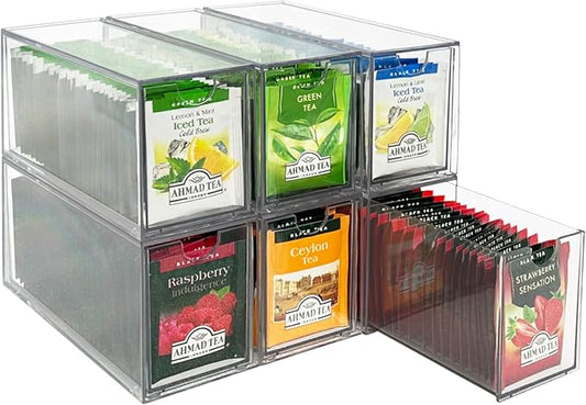 6-Pack Tea Bag Drawers Organizer - 6 Clear Plastic Drawer Tea Bag Holder; Stackable & Portable; Wider Size; Well-Organized Storage for Tea Bags Storage Chests;High Volume