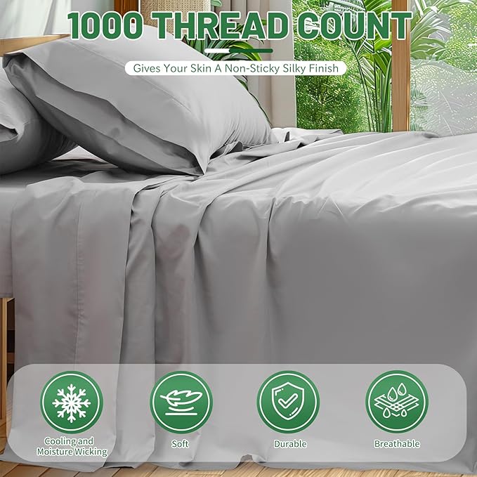 100% Egyptian Cotton Sheets Cal King Sheet Set 4PCS 1000 Thread Count Sateen Weave Soft Breathable 16-Inch Deep Pocket(California King,Grey)