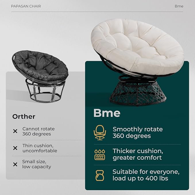 Bme 40" Ergonomic Wicker Papasan Chair with Soft Thick Density Fabric Cushion, High Capacity Steel Frame, 360 Degree Swivel for Living, Bedroom, Reading Room, Lounge