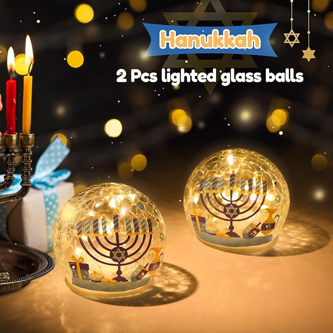 Nefelibata Hanukkah Decorations Chanukah Globe Lights Crackle Glass Ball with LED Lights and Timer Home Table Centerpiece Kitchen Dinner Party Fireplace Decor Battery Operated Lamp Jewish Gifts 2PCS