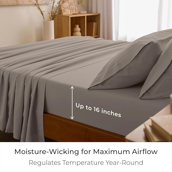 Mellanni Queen Sheets Set - 4 PC Iconic Collection Bedding - Hotel Luxury, Extra Soft, Cooling Bed Sheets - Wrinkle, Fade, Stain Resistant (Queen, Tan)