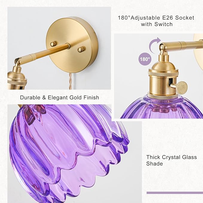 Plug in Wall Sconce, Vintage Sconce Light with Tulip Purple Glass Lampshade, 180° Adjustable Wall Sconce with Switch and Plug in Wall Lamp Cord, Gold Wall Light for Bedroom Bedside