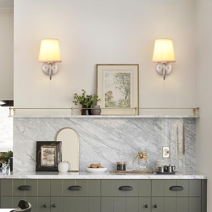 Wall Sconce Set of 2, Brushed Nickel Bathroom Vanity Sconces Wall Lighting, Indoor Wall Lights with Light Beige Fabric Shades, Wall Mounted Lamps for Bedroom Living Room Hallway