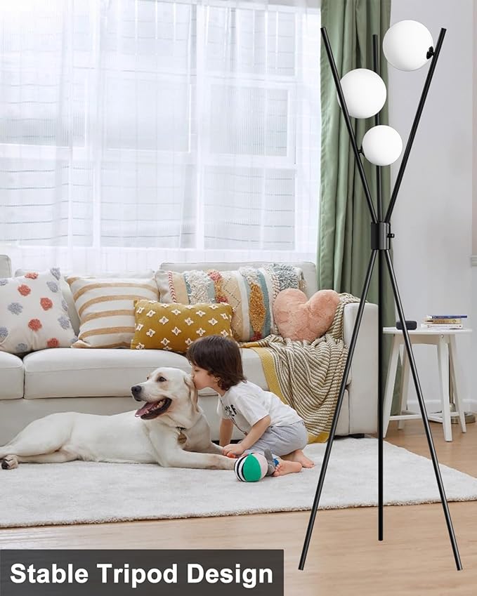 Lightdot 60IN Dimmable Black Tripod Floor Lamp Mid Century Standing Lamps with 3Pcs 3000K G9 Bulbs Globe Eye Care&Stable Base Modern Tall Lamp for Living Room Bedroom Office