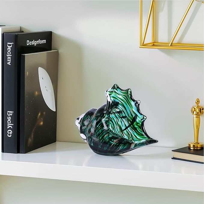 LCCCK Hand Blown Glass Conch Shell Sculpture, Sea Glass Art Figurines, Beachy Room Decor, Teal Conch Shell Decorative Statues, Sea Shell Coastal Decor for Shelf House Room, Beachy Gifts