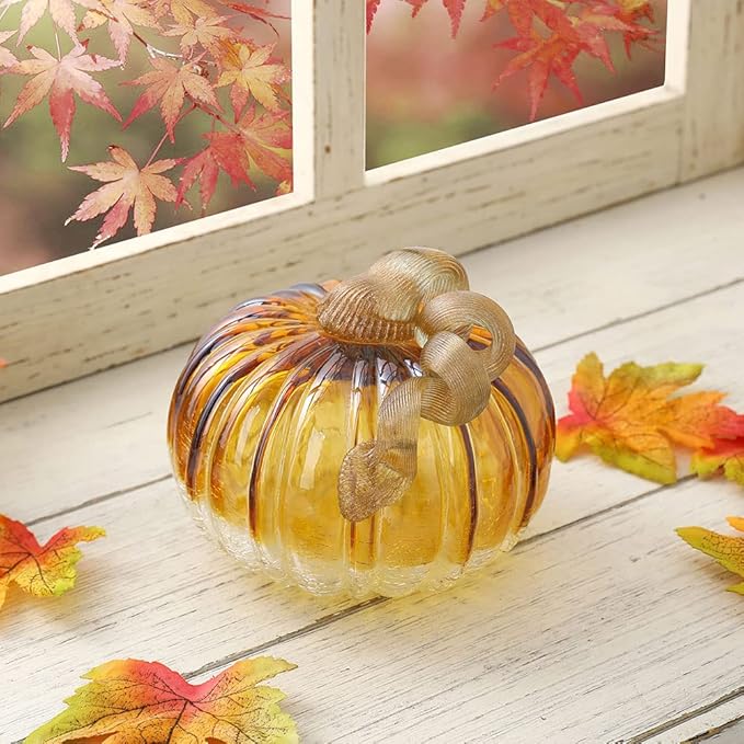 Glitzhome Hand Blown Two-Tone Crackle Glass Pumpkin Elegant Table Accent Amber 4.72 Inch