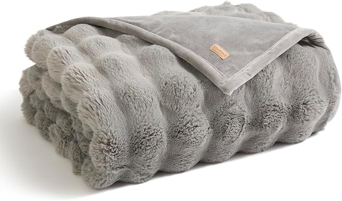 EverGrace Ultra Soft Luxury Fluffy Faux Rabbit Fur Throw Blanket, Thick Warm Bubble Throw for Bed, Cozy Plush Reversible Blankets for Couch, Chair, Sofa, Grey, 50x60 Inches