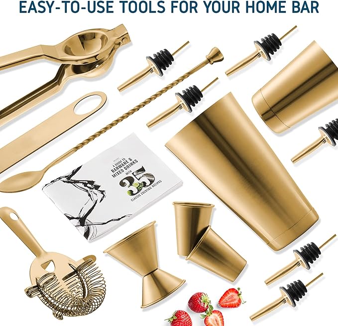 Bar Set Cocktail Shaker Set, Stainless Steel Mixology Bartender Kit, 16 Piece Cocktail Kit, Gold Cocktail Set, Bar Tools: 30oz Martini Shaker, Muddler, Bar Kit Cocktail Book, Jigger and Pourers