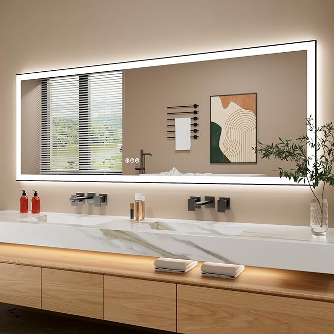 84x32 Inch LED Bathroom Mirror with Black Frame, Backlit and Front Lighted Bathroom Mirrors for Wall, Anti-Fog, Dimmable, Memory, Shatterproof, LED Vanity Mirror for Bathroom