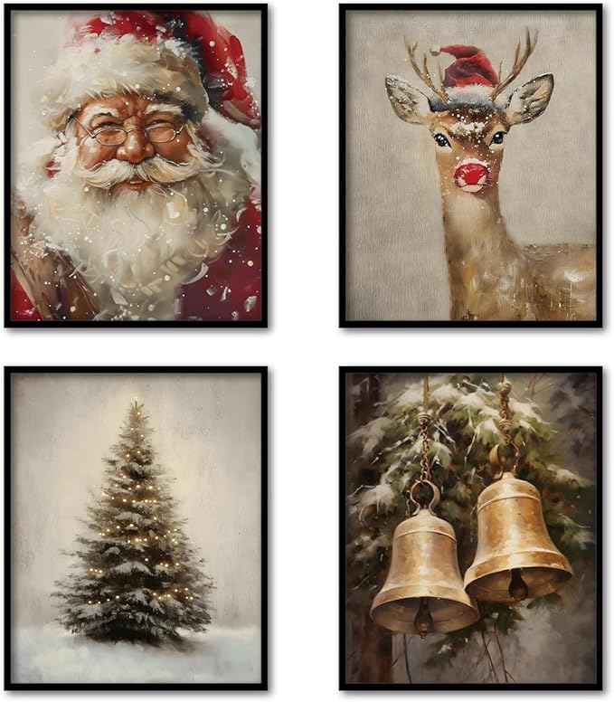 TFKFJLF Vintage Christmas Santa Posters for Wall, Christmas Tree Deer Painting Pictures Decor Wall Art, Vacation Decorations for Bedroom Bathroom Living Room Office, Unframed 8x10in Set of 4