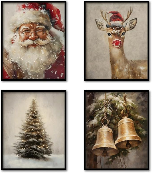 TFKFJLF Vintage Christmas Santa Posters for Wall, Christmas Tree Deer Painting Pictures Decor Wall Art, Vacation Decorations for Bedroom Bathroom Living Room Office, Unframed 8x10in Set of 4