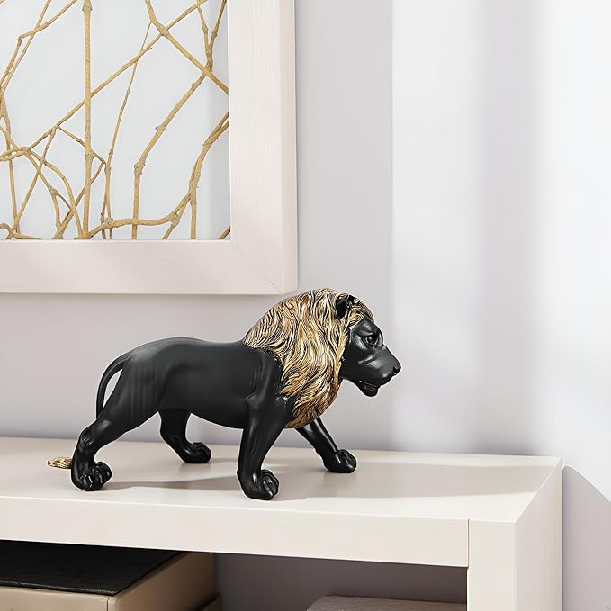 12" Collectible Black Gold Lion Statue, Desk Decor, Room Decor, Home Decor, Modern Art Sculpture, Handmade Resin Animal Statue, Gift for Women,Brother,Friend