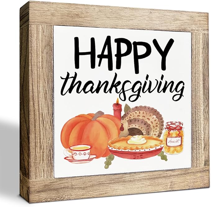Happy Thanksgiving Wood Signs, Fall Decor Art, Decorative Wooden Plaque for Office Home Party Decors, Pumpkin Decoration, Thanksgiving Gift, Box Sign Wood Desk Sign Decor 5.9X5.9X0.7inches
