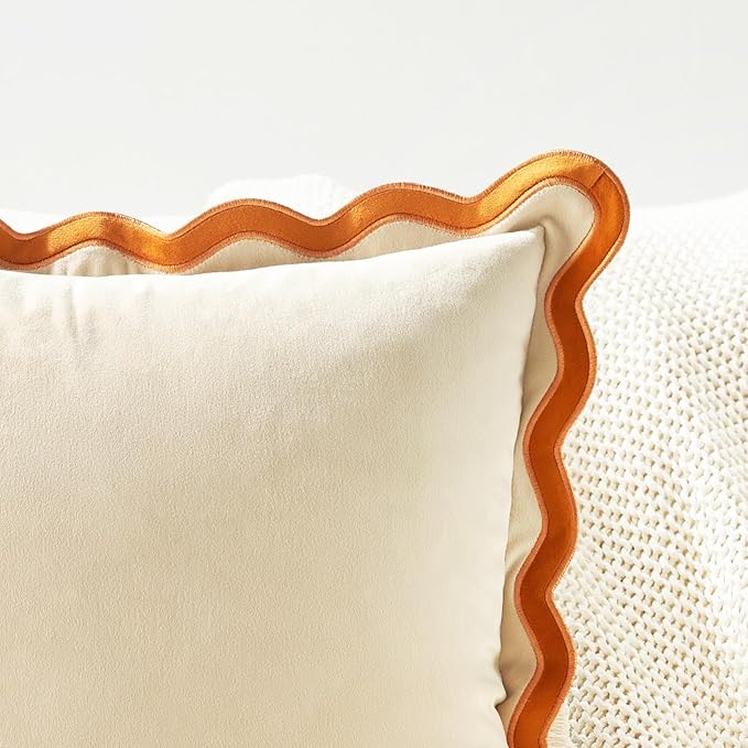 MONDAY MOOSE Decorative Throw Pillow Covers Cushion Cases, Set of 2 Soft Velvet Scalloped Wavy Edge Designs, Mix and Match for Home Decor, Pillow Inserts Not Included (Honey/Cream, 16x16 inch)