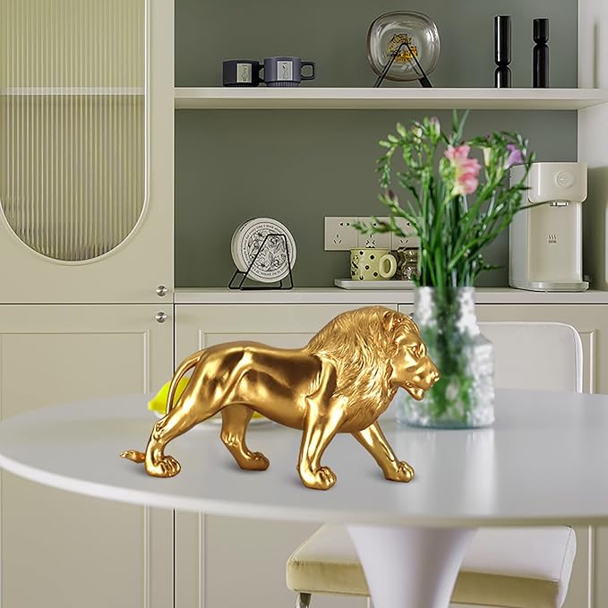 12" Decoration Collectible Gold Lion Statue, Desk Decor, Room Decor, Home Decor, Modern Art Sculpture, Handmade Resin Animal Statue, Gift for Women,Brother,Friend