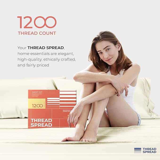 THREAD SPREAD 100% Egyptian Cotton Sheets Queen Size - 1200 Thread Count 4 PC Sheet Set Egyptian Cotton, Sateen Weave Luxury Sheets Queen Size, High Thread Count Sheets, 17" Deep Pocket - Ivory