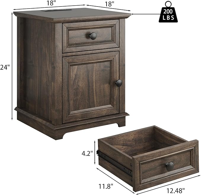 24" End Table with Fast Charging Station, Side Table with Drawer, Adjustable Shelf & Large Storage Cabinet, Vintage Wooden Nightstand for Living Room/Bedroom, Rustic Brown