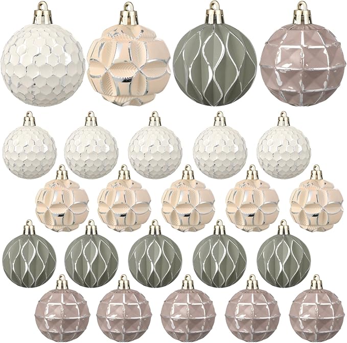 Syhood 24 Pcs Neutral Textured Christmas Ball Ornaments 2.4 Inch Vintage Xmas Tree Decorations Rustic Distressed Xmas Baubles Antique Farmhouse Modern Christmas Decor for Tree Home (Neutral)