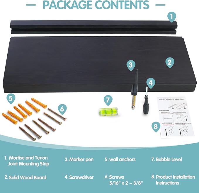 Solid Walnut Floating Shelves for Wall, 24"*10"*1.6"Real Thick Wood Mounted Wall Display Shelf with Joinery for Home Decor, Bathroom,Kitchen Set of 1( Black Stain)