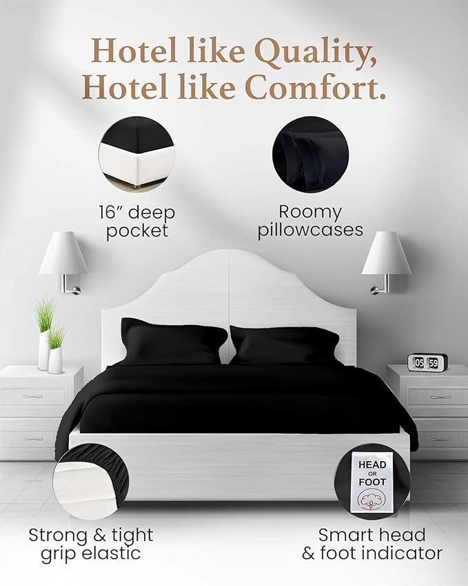 Good Sleep Bedding King Size Sheets Set Deep Pockets - 4 Pc, 1000 TC King Sheet Set, 100% Egyptian Cotton Bedsheets King Size Bed, Soft & Breathable King Size Sheets, FIts Upto 16 Inch - Black
